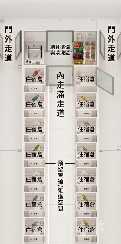 二樓 H1 H2 H3 住宿區與中央走道概念配置圖